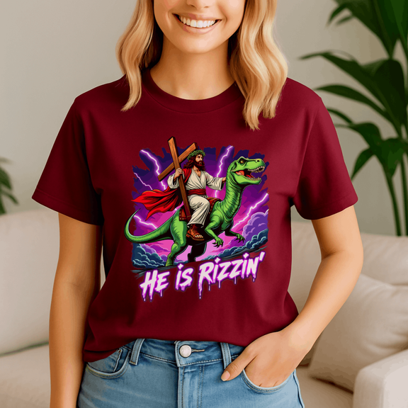 Retro Jesus Christian He Is Rizzin Shirt, Riding TRex Dinosaur Tee