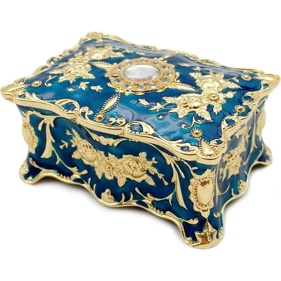 Retro Jewelry Box Decorative Jewelry Organizer Box Travel Portable for Women Girls Kids Small Vintage Jewelry Storage Organizer for Necklace Earrings Wedding Rings (Blue)