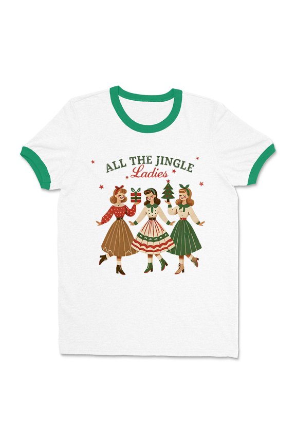 Retro Jingle Ladies Ringer Tee Shirt Unisex Large White/Kelly Green