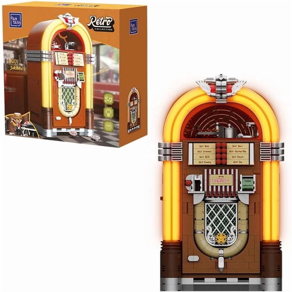 Retro Jukebox Building Kit with Coin & Sound Function, Mechanical Music Box Model with Acrylic Records, Recording Studio & Minifigure, Collectible Construction Toy Gift for Adults and Teens