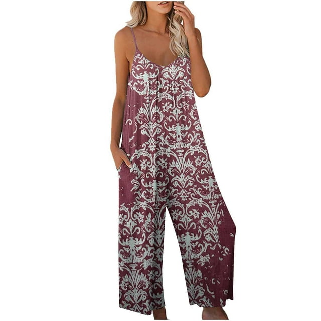 Retro Jumpsuits for Women Ethnic Bohemian Printed Rompers Wide Leg ...