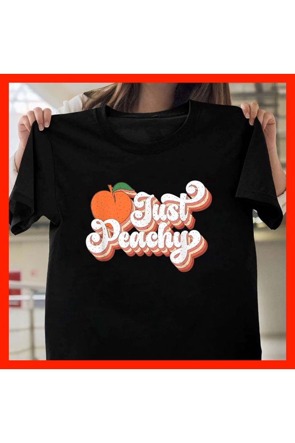 Retro Just Peachy T-Shirt, Vintage Peach Graphic Tee, Groovy 70s Style Fruit Shirt, Positive Vibes Apparel M498, for men and women, Extended Sizes Up to 5XL