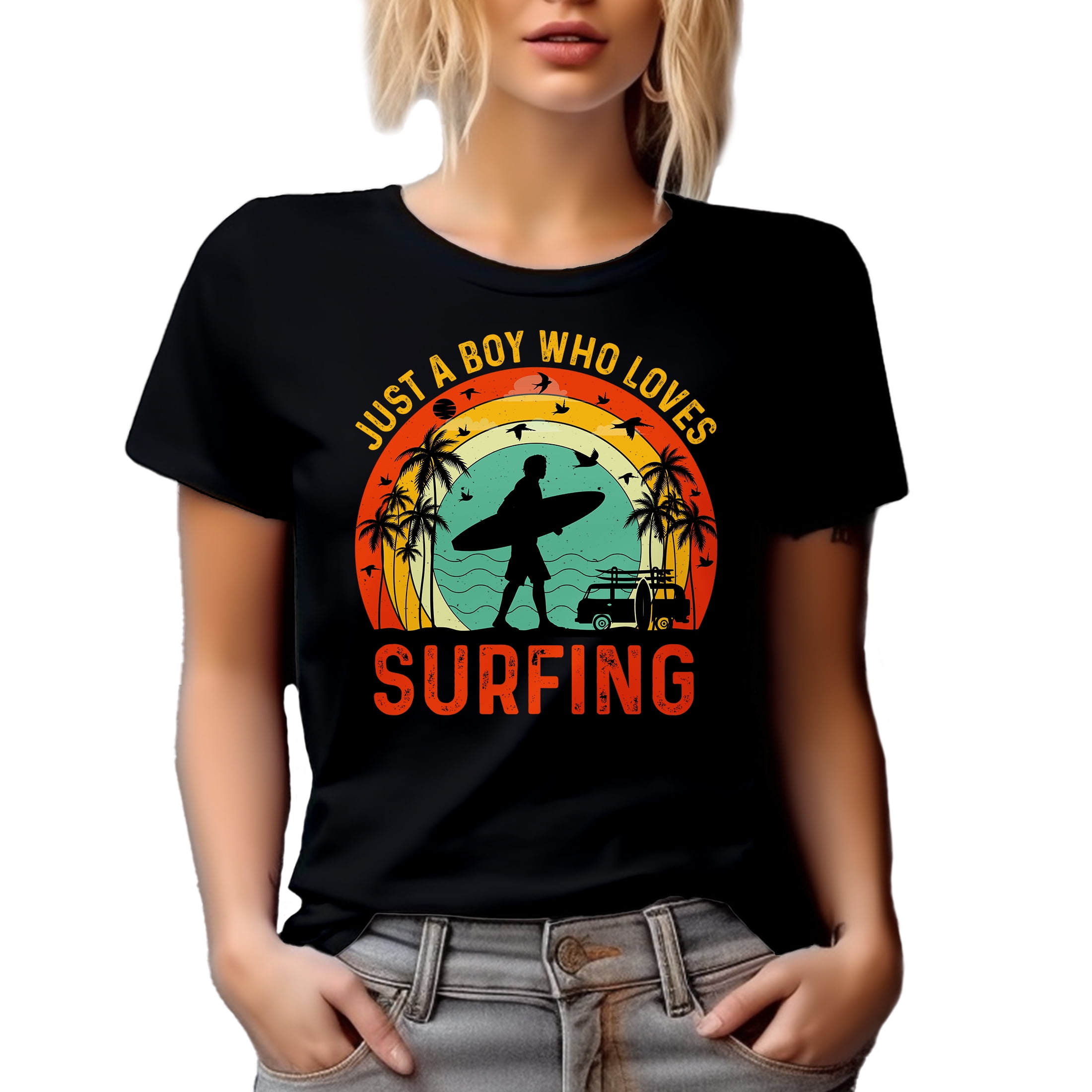 Retro Just a Boy Who Love Surfing - Surf Enthusiast or Surfer Quote, Black T-Shirt, Large