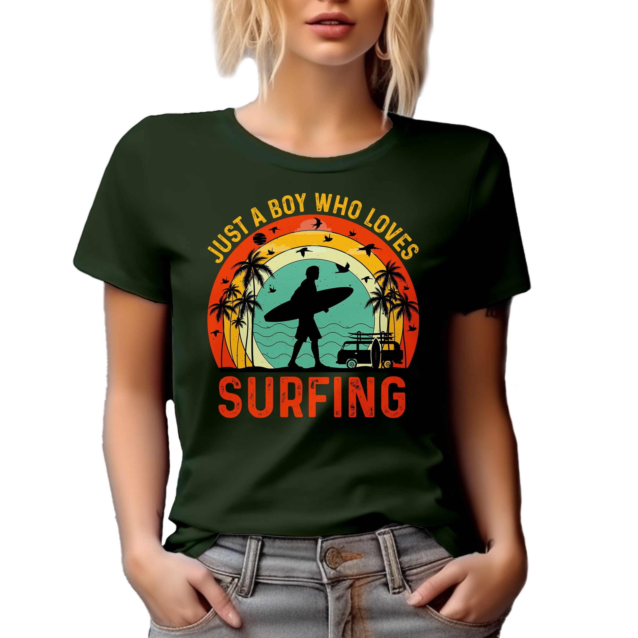 Retro Just a Boy Who Love Surfing - Surf Enthusiast or Surfer Quote, Military Green T-Shirt, Small