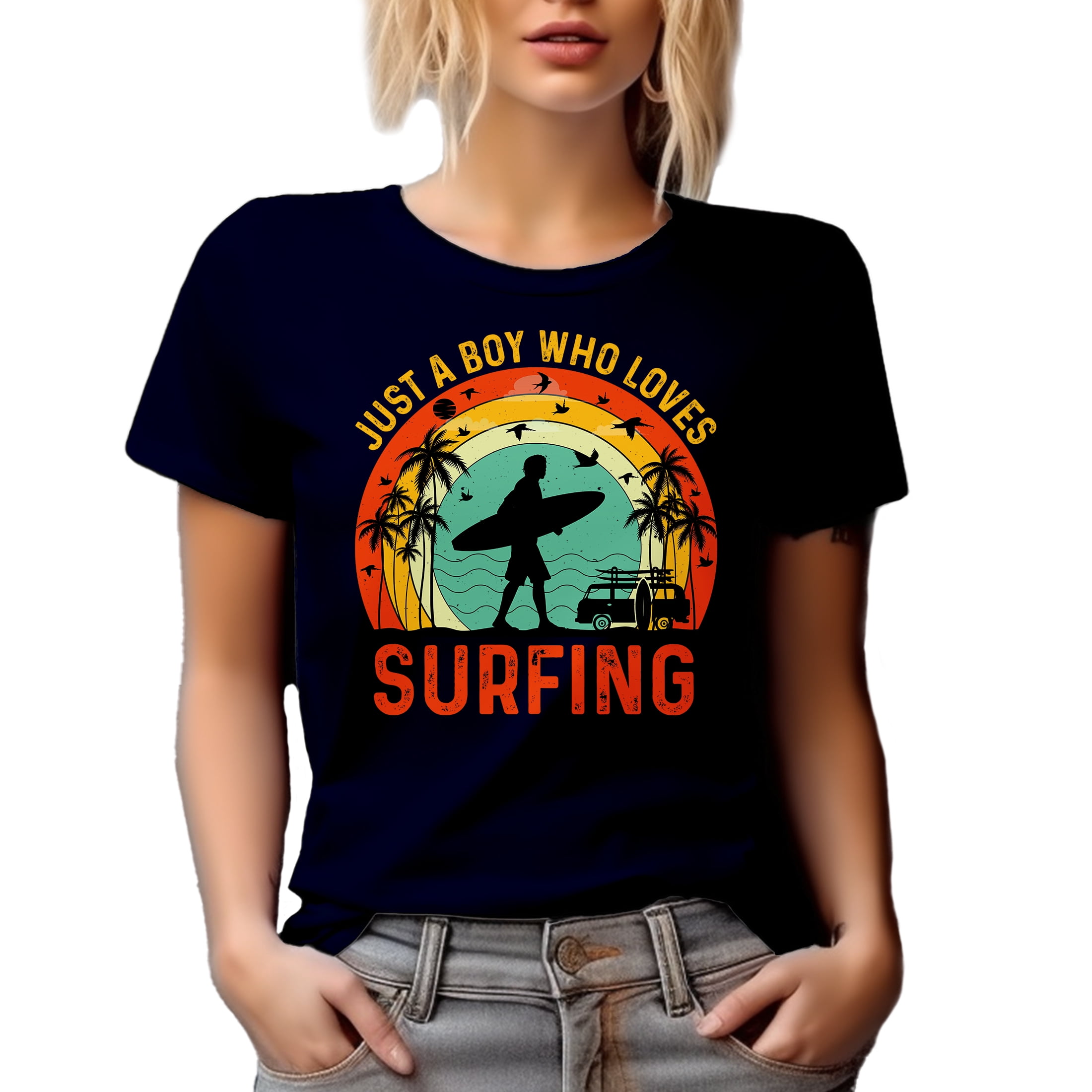 Retro Just a Boy Who Love Surfing - Surf Enthusiast or Surfer Quote, Navy Blue T-Shirt, 2XL