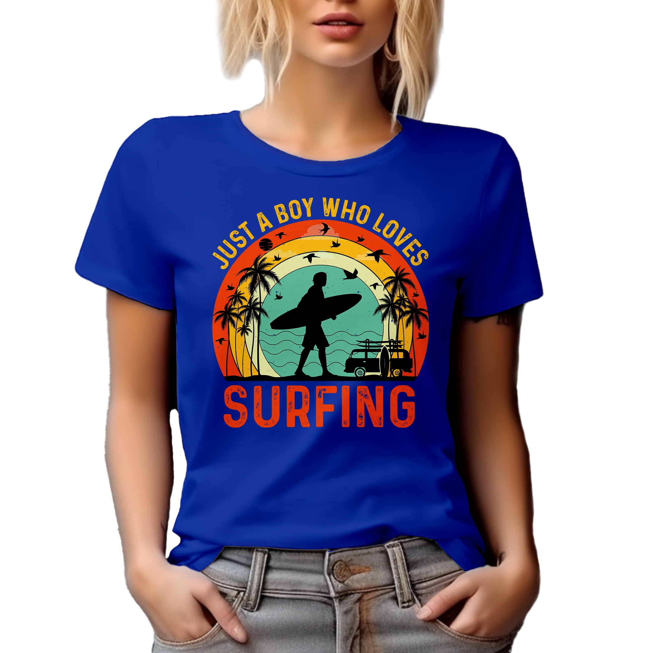 Retro Just a Boy Who Love Surfing - Surf Enthusiast or Surfer Quote, Royal Blue T-Shirt, 2XL