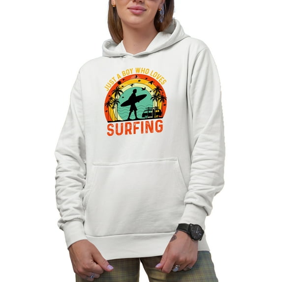 Retro Just a Boy Who Love Surfing, Surf Enthusiast or Surfer, White Hooded Sweatshirt or Hoodie, Small