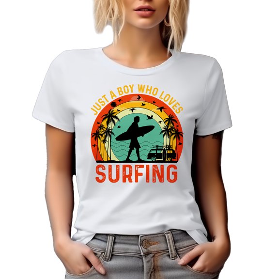 Retro Just a Boy Who Love Surfing, Surf Enthusiast or Surfer, White T-Shirt, XL