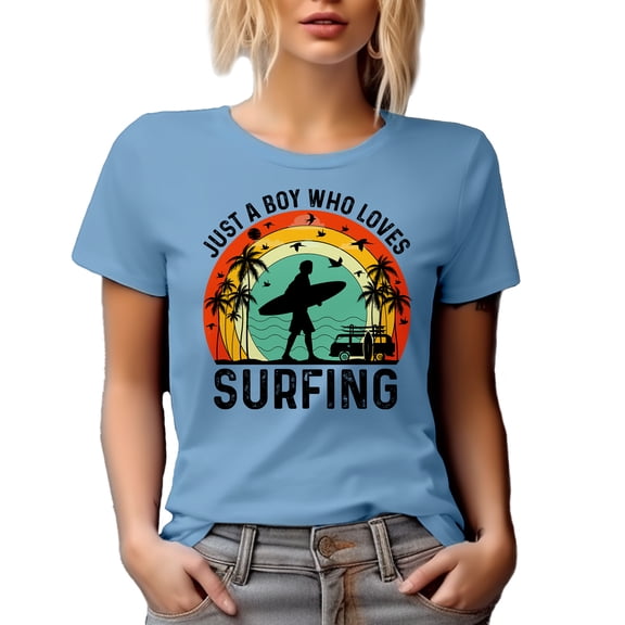Retro Just a Boy Who Love Surfing, Surfer or Surf Enthusiast, Baby Blue T-Shirt, Medium