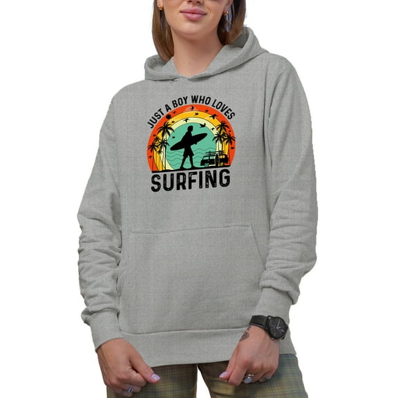 Retro Just a Boy Who Love Surfing, Surfer or Surf Enthusiast, Heather Grey Hooded Sweatshirt or Hoodie, Medium