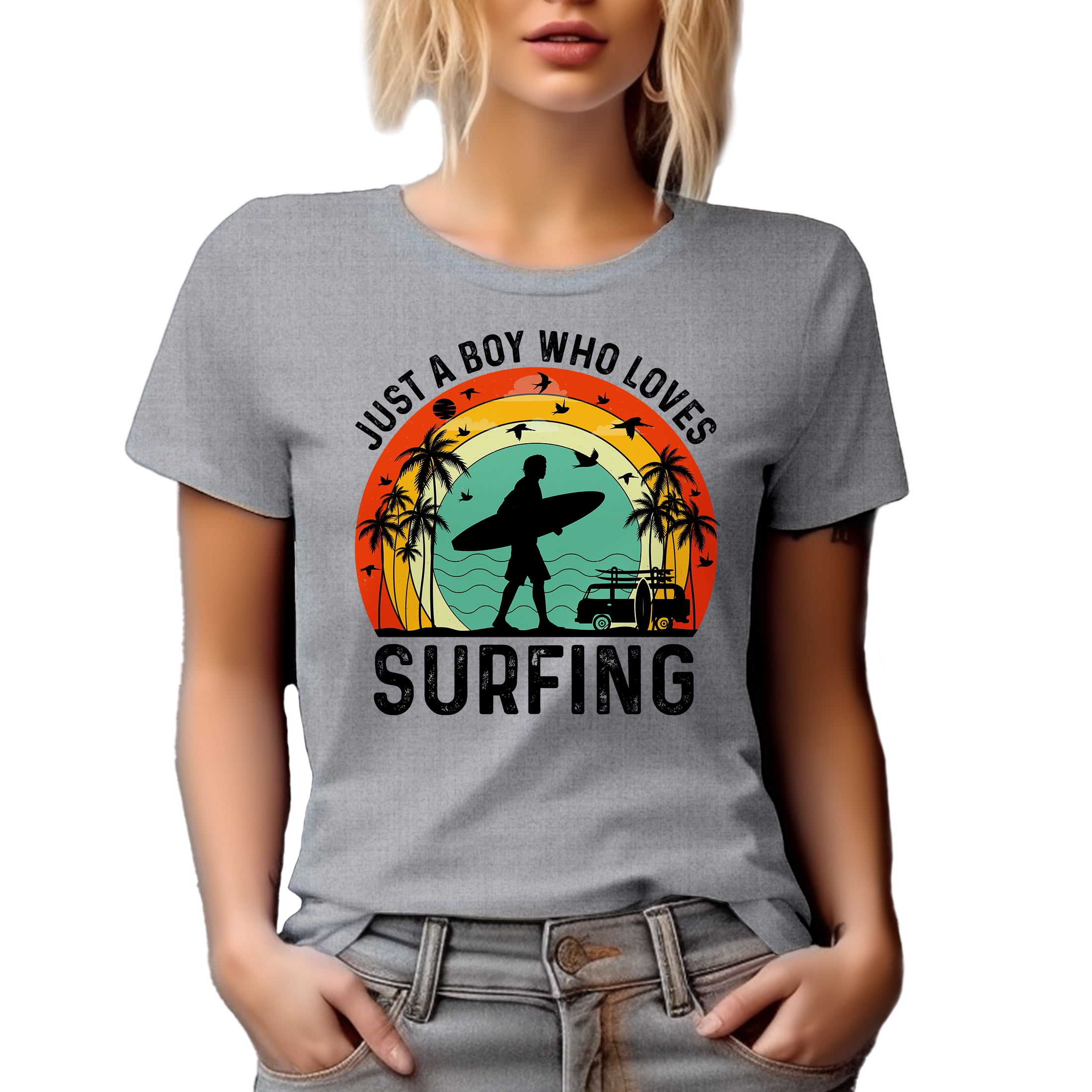 Retro Just a Boy Who Love Surfing, Surfer or Surf Enthusiast, Heather Grey T-Shirt, Large
