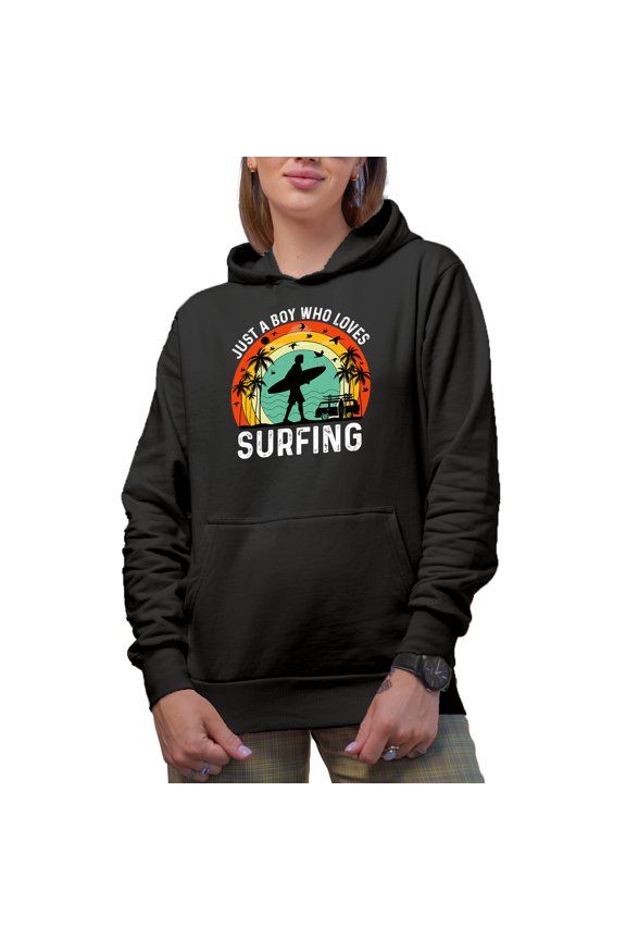 Retro Just a Boy Who Love Surfing - Surfer or Surf Enthusiast Quote, Black Hooded Sweatshirt or Hoodie, Small