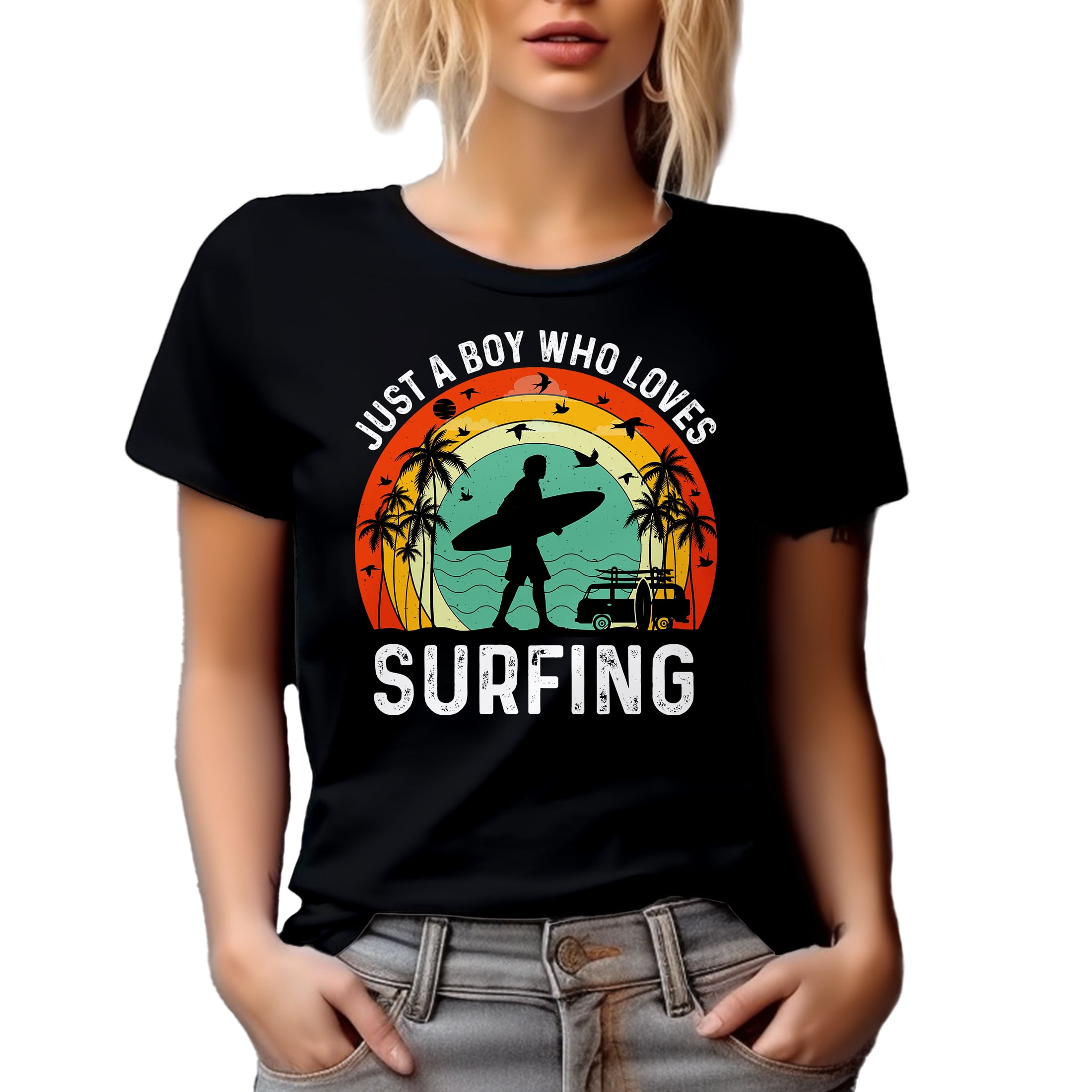 Retro Just a Boy Who Love Surfing - Surfer or Surf Enthusiast Quote, Black T-Shirt, Small