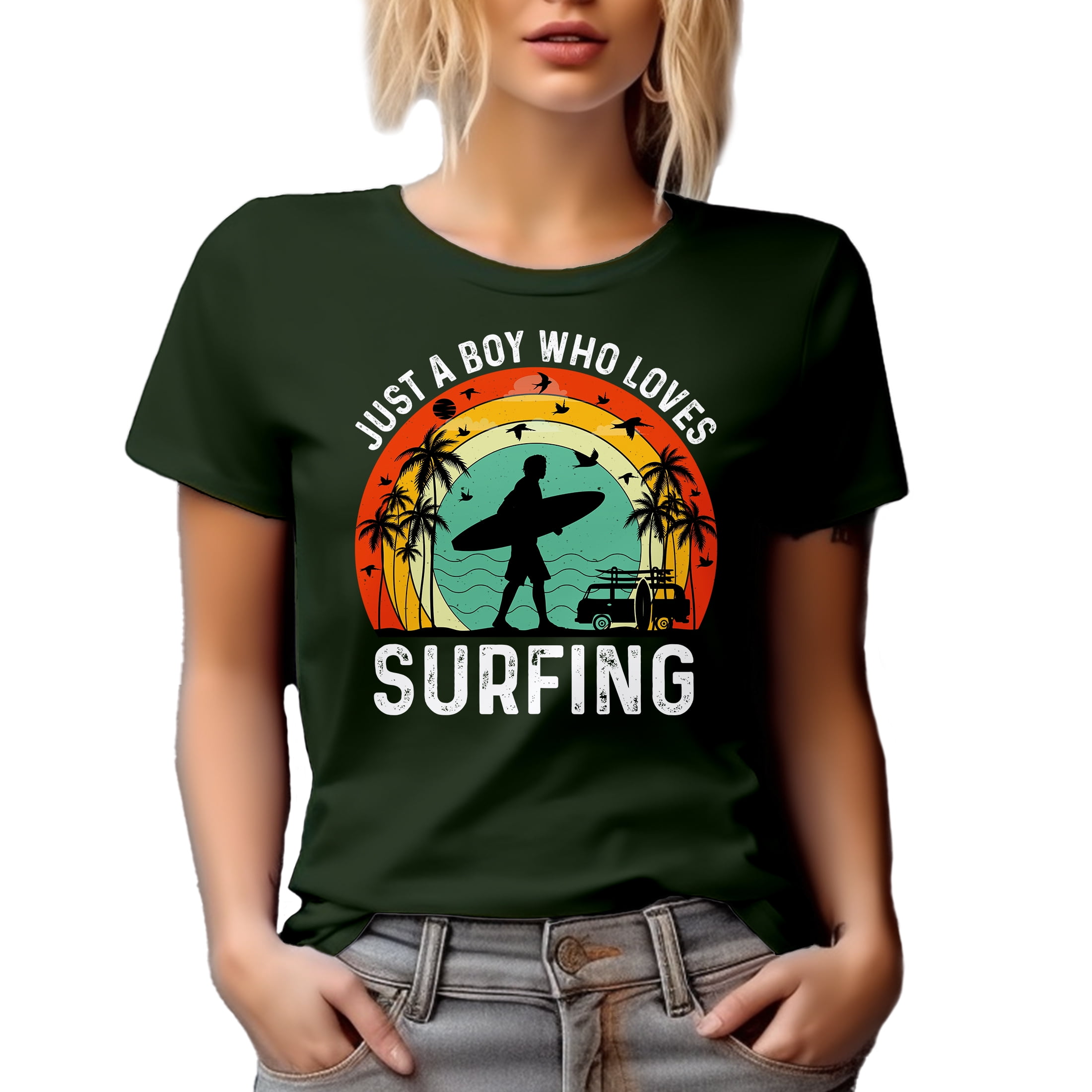 Retro Just a Boy Who Love Surfing - Surfer or Surf Enthusiast Quote, Military Green T-Shirt, 3XL