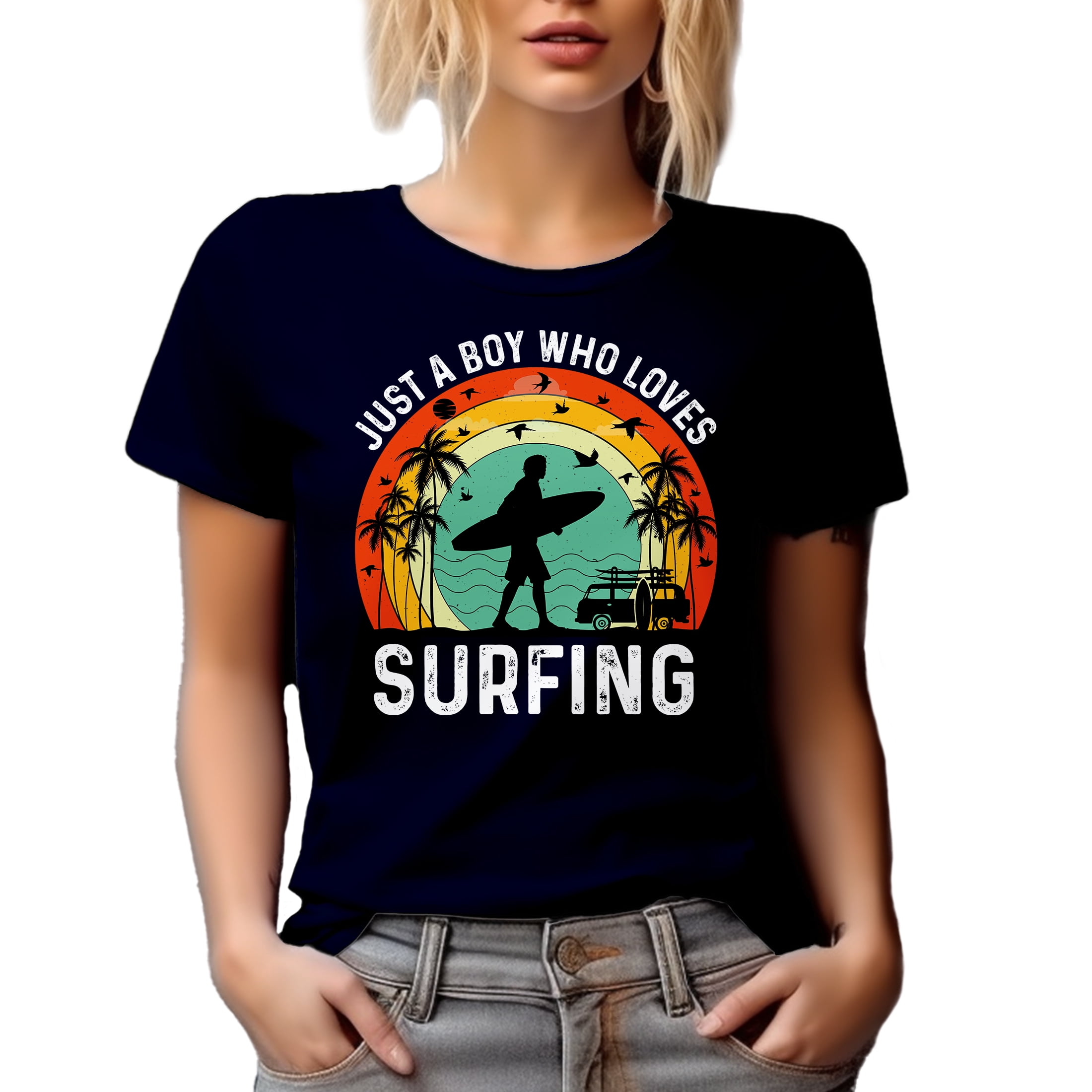 Retro Just a Boy Who Love Surfing - Surfer or Surf Enthusiast Quote, Navy Blue T-Shirt, Small