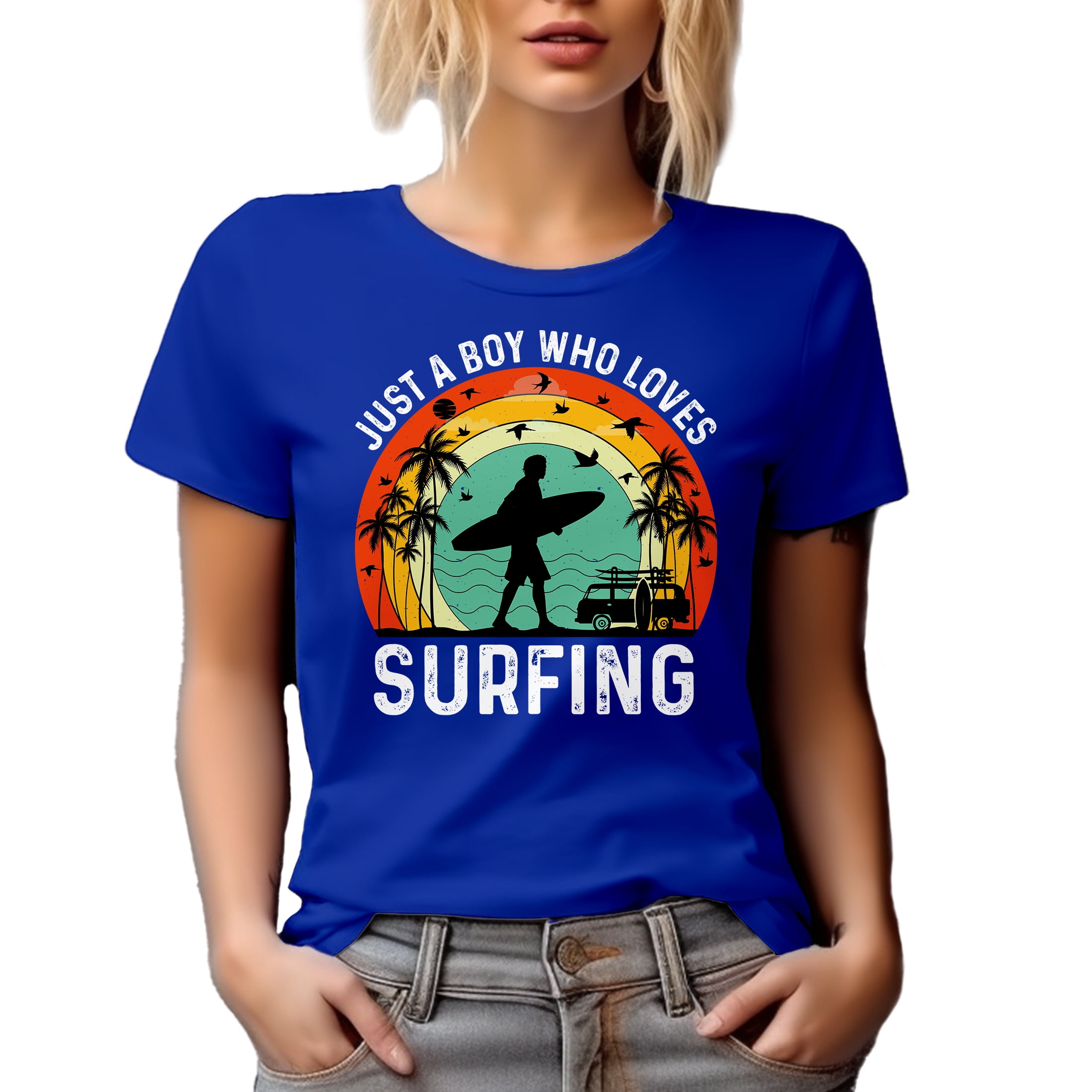 Retro Just a Boy Who Love Surfing - Surfer or Surf Enthusiast Quote, Royal Blue T-Shirt, Small