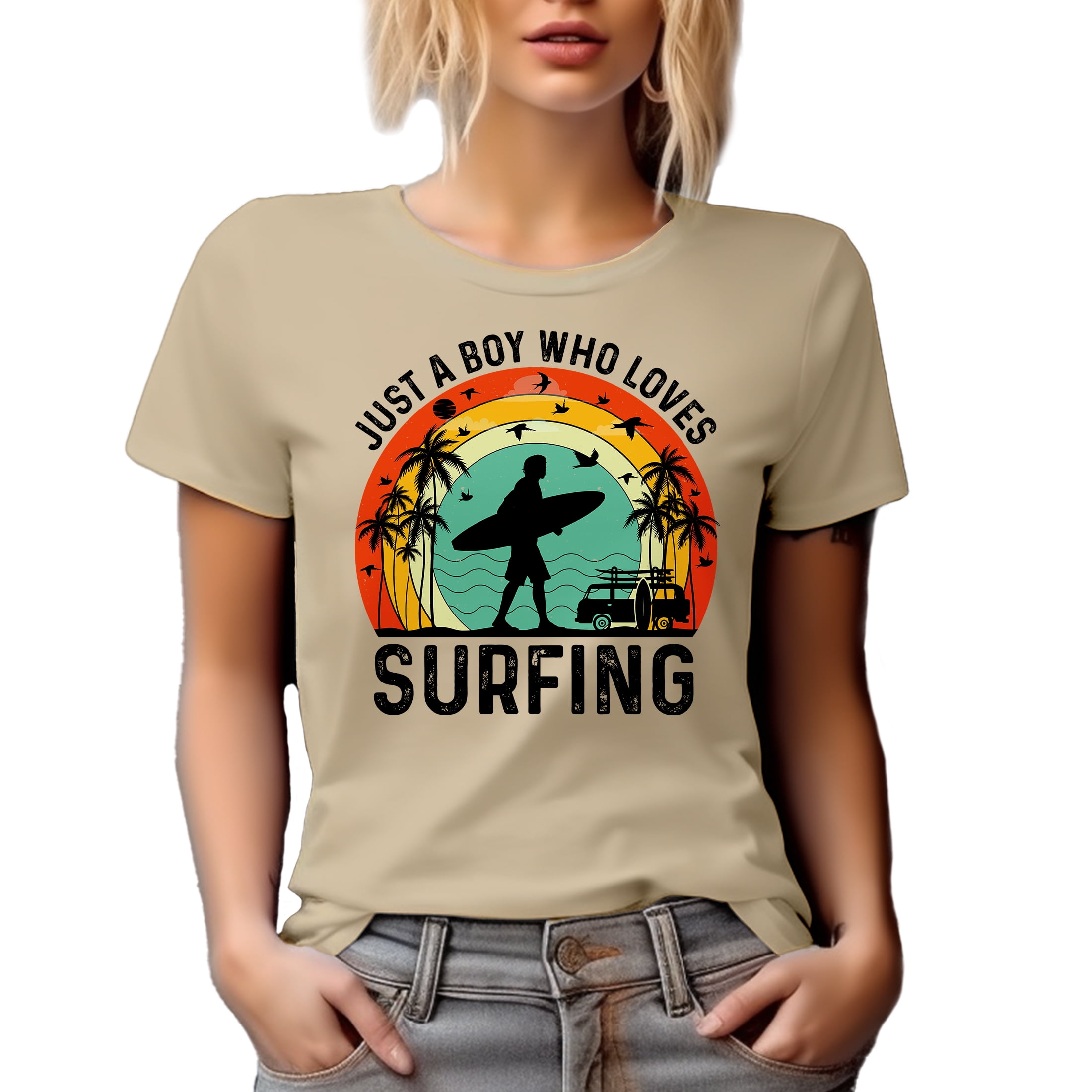 Retro Just a Boy Who Love Surfing, Surfer or Surf Enthusiast, Tan T-Shirt, XL