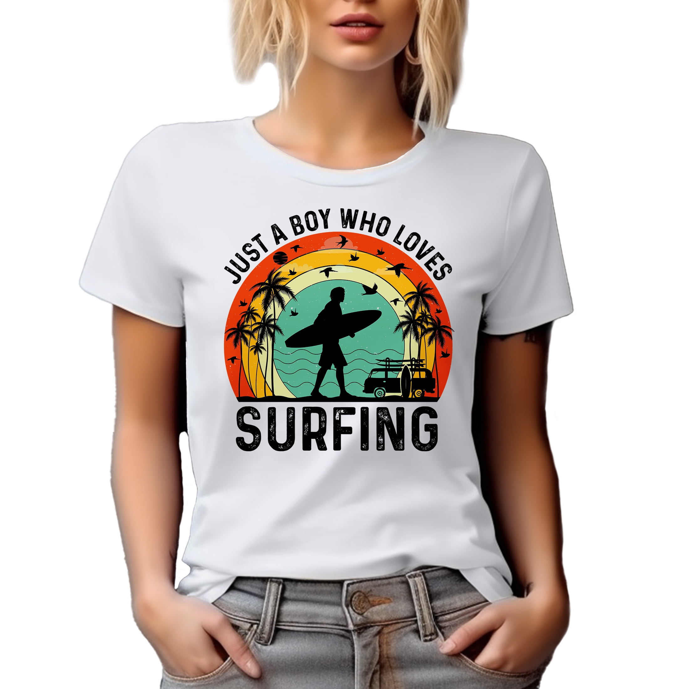 Retro Just a Boy Who Love Surfing, Surfer or Surf Enthusiast, White T-Shirt, 2XL