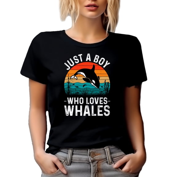 Retro Just a Boy Who Loves Whales, Whale Lover Quote, Black T-Shirt, Medium
