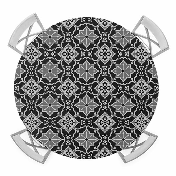 Retro Kaleidoscope Elastic Fitted Round Table Cover Black Argyle Pattern Waterproof Outdoor Tablecloth for Holiday Party, Picnic, Patio & Dining Fits Tables Up to 55"-60"