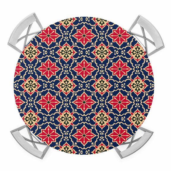 Retro Kaleidoscope Elastic Fitted Round Table Cover Blue Argyle Pattern Waterproof Outdoor Tablecloth for Holiday Party, Picnic, Patio & Dining Fits Tables Up to 36"-44"