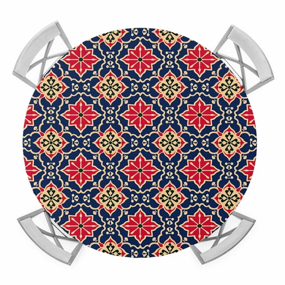 Retro Kaleidoscope Elastic Fitted Round Table Cover Blue Argyle Pattern Waterproof Outdoor Tablecloth for Holiday Party, Picnic, Patio & Dining Fits Tables Up to 45"-54"