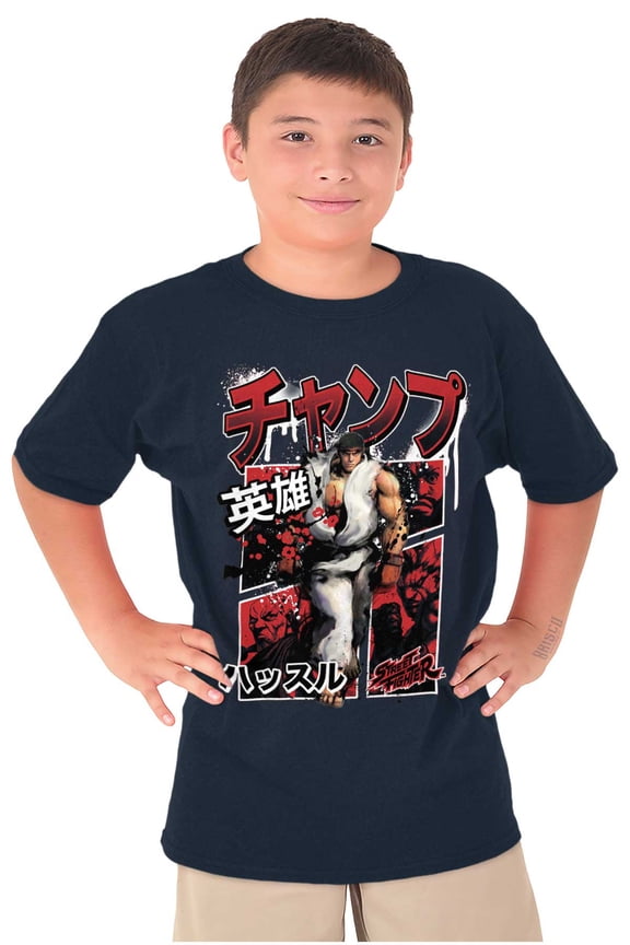 Retro Kanji Street Fighter Ryu Boys Kids T Shirt Tees Tops Teen Brisco Brands XS
