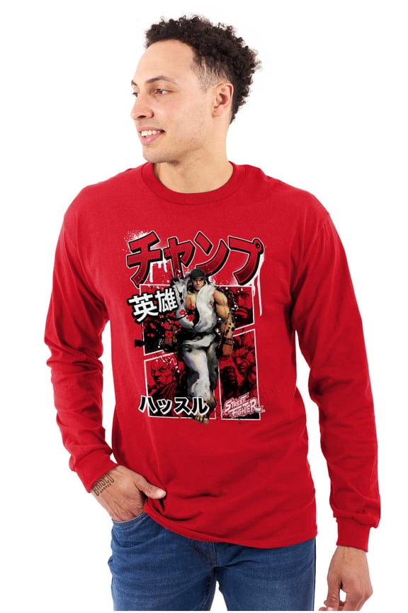 Retro Kanji Street Fighter Ryu Men Big & Tall Long Sleeve Tee Brisco Brands 3X