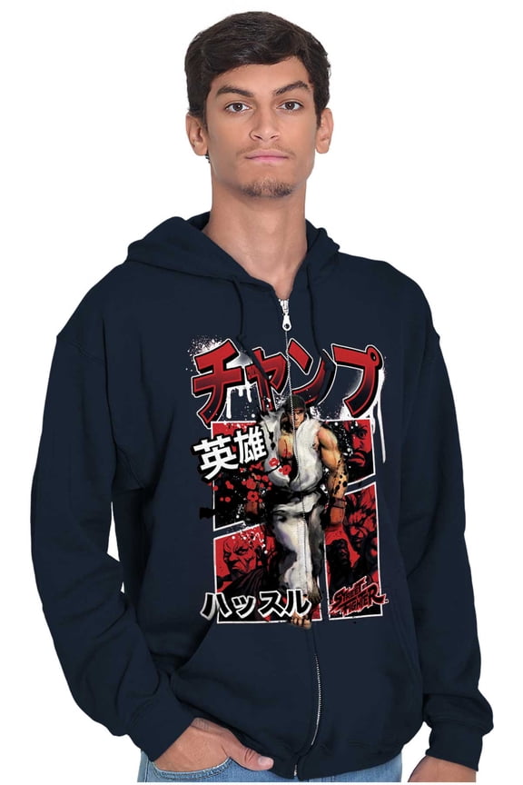 Retro Kanji Street Fighter Ryu Zip Hoodie Sweatshirt Men Brisco Brands S