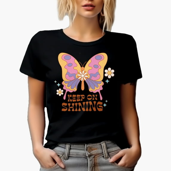 Distressed Retro Keep on Shining & Boho Butterfly Art Merch Gift, Black T-Shirt, 3XL