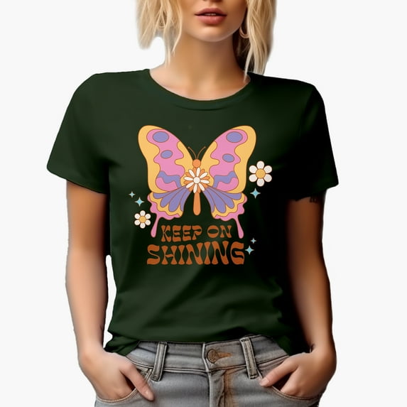 Retro Keep on Shining & Boho Butterfly Art Merch Gift, Military Green T-Shirt, 2XL
