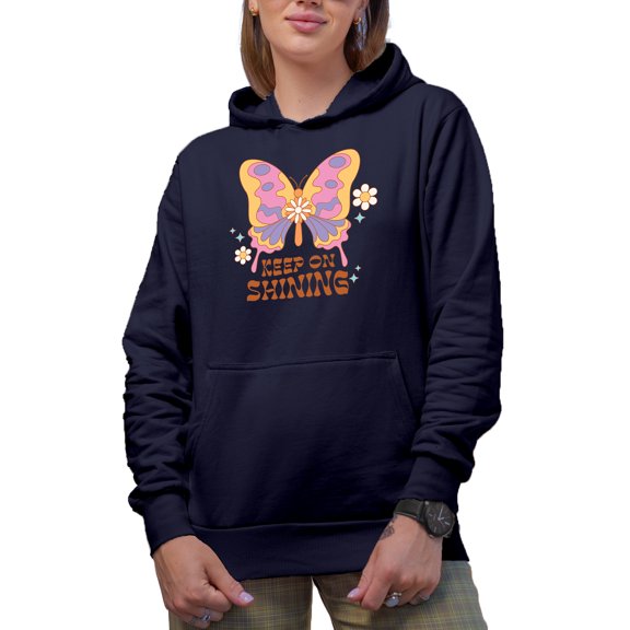 Retro Keep on Shining & Boho Butterfly Art Merch Gift, Navy Blue Hooded Sweatshirt or Hoodie, Large