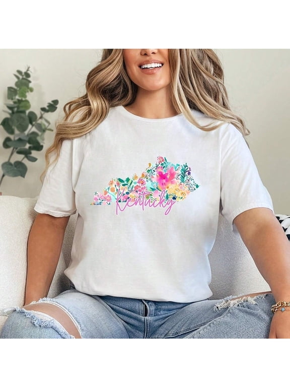 Retro Kentucky State Floral Graphic T-Shirt Cute Wildflower Kentucky Pride Women Short Sleeve Tee Casual Summer Top