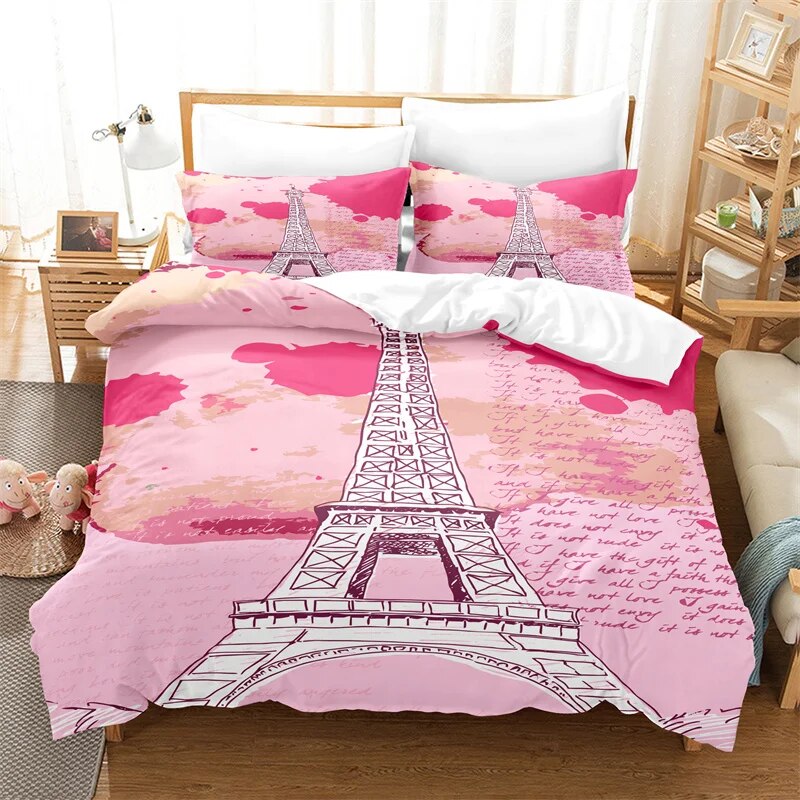 Retro Khaki Eiffel Tower Duvet Cover Set Girl Quilt Cover Fashion