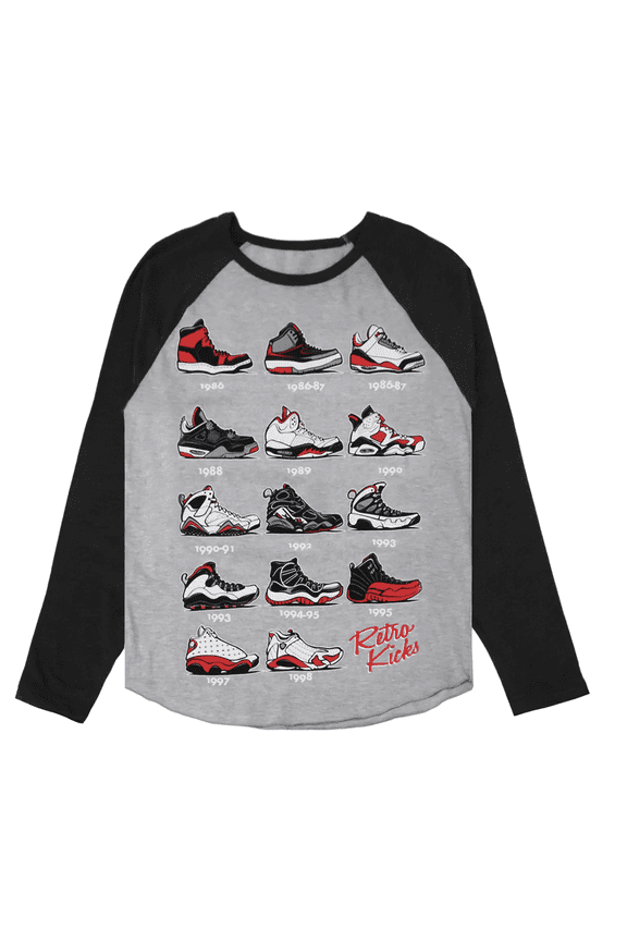 Men's Evolution Of Jordan Shoes Throughout The Years Long Sleeve Tee T-Shirt (Medium, Heather Grey/Black)