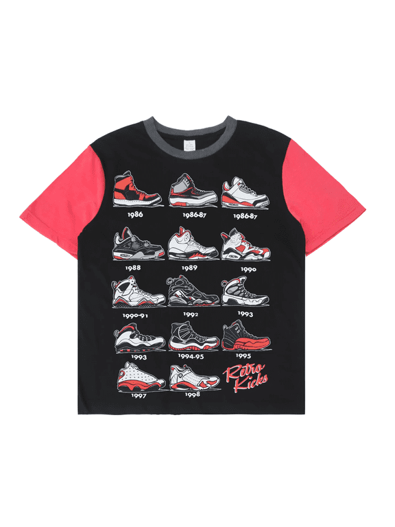Men's Evolution Of Jordan Shoes Throughout The Years Tee T-Shirt (Medium, Black/Red)