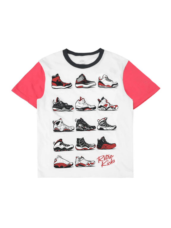 Men's Evolution Of Jordan Shoes Throughout The Years Tee T-Shirt (X-Large, White/Red)