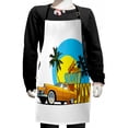 thumbnail image 1 of Retro Kids Apron, Vintage Car in Magic City Miami with Exotic Coconut Trees Sunny Day Beach, Boys Girls Apron Bib with Adjustable Ties for Cooking Baking Painting, Yellow Blue Orange, by Ambesonne, 1 of 2