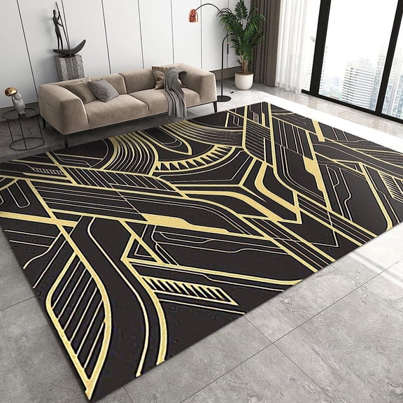 Retro Kids Rugs, Luxury Brown Gold Geometric Area Rug For Living Room, Fade Resistant Machine Washable Non-Slip Carpets For Bedroom Living Room Entrance Nursery