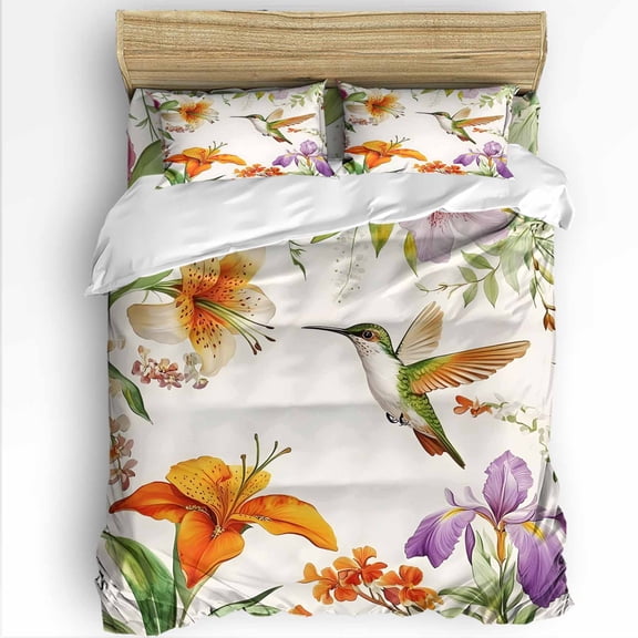 Retro King Size Comforter Set, Spring Hummingbird Lily Flower Field Pastoral Scenery Soft Bedding for All Seasons, 4 Pcs Bed Set with 1Comforter (90"x106") ,1 Sheet(94"x116"), 2 Pillowcases (19"x35")