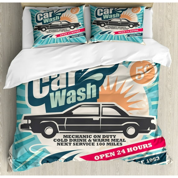 Retro King Size Duvet Cover Set, Retro Car Wash Auto Service Repair Poster Style Art in Vintage Color Classic Design, Decorative 3 Piece Bedding Set with 2 Pillow Shams, Multicolor, by Ambesonne