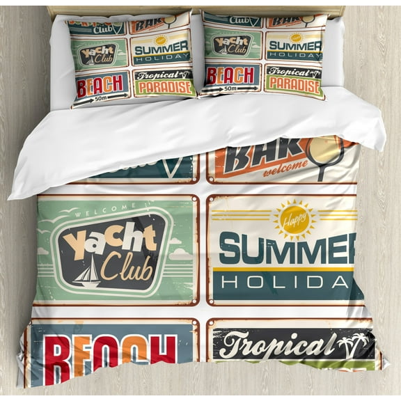 Retro King Size Duvet Cover Set, Summer Holiday Vintage Camping Beach Sign Boards in Old Style Faint Colors Art Print, Decorative 3 Piece Bedding Set with 2 Pillow Shams, Multicolor, by Ambesonne