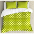 thumbnail image 1 of Retro King Size Duvet Cover Set, Vintage Old Fashioned 60s 70s Inspired Polka Dots Pop Art Style Art Print, Decorative 3 Piece Bedding Set with 2 Pillow Shams, Lime Green and White, by Ambesonne, 1 of 3
