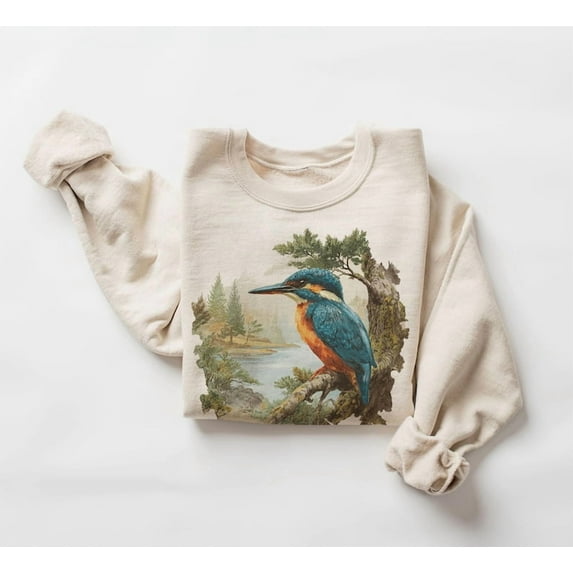 Retro Kingfisher Bird Sweatshirt - Vintage Style Birdwatching Crewneck - Wildlife Birding Sweatshirt - Sizes S-5XL ,Art Print JSC
