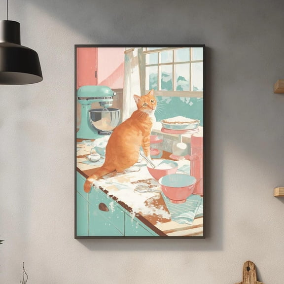 Retro Kitchen Cat Wall Art Print Funny 1950s Baking Cat Poster Vintage Kitsch Kitchen Decor Mid Century Cat Illustration