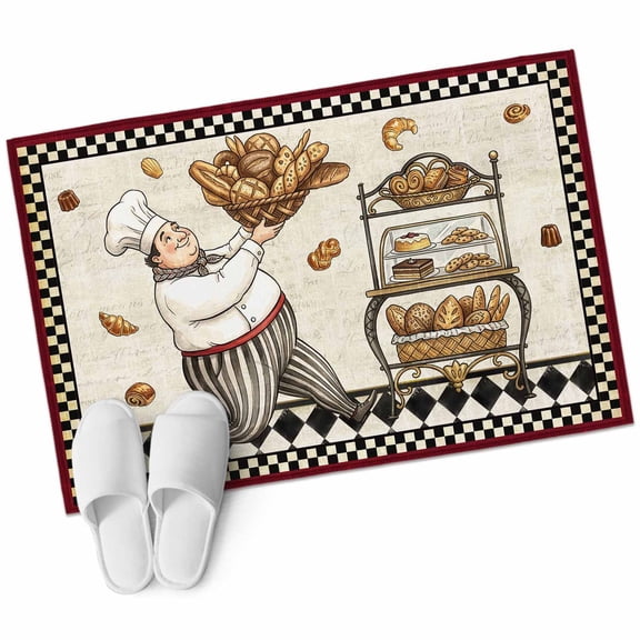 Retro Kitchen Chef Bathroom Rug Washable 2x3 Entryway Rug Non Slip Rustic Baker Cooking White Black Plaid Front Door Mat Low Pile Indoor Doormat Throw Floor Carpet for Kitchen Bedroom Entrance