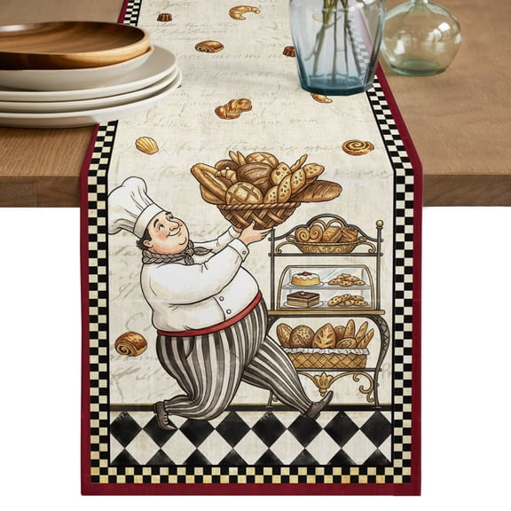 Retro Kitchen Chef Table Runner 36 Inches Long,Rustic Baker Cooking White Black Plaid Cotton Linen Table Runners Dresser Scarves,Fabric Tabletop Scarf Furniture Cover for Home Dinner Party 13"x36"