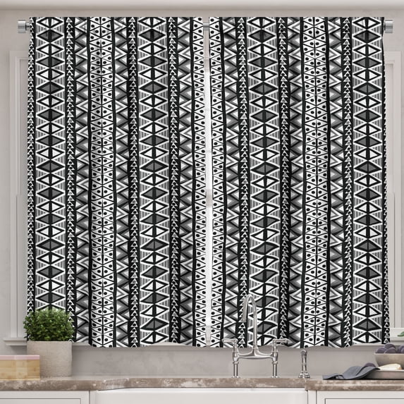 Retro Kitchen Curtains, Boho Pattern in Dark and White Western Native Effects Folk Design, Two Panels Drapes with Rod Pocket Room Decor, 55" X 45", Black Grey, by Ambesonne