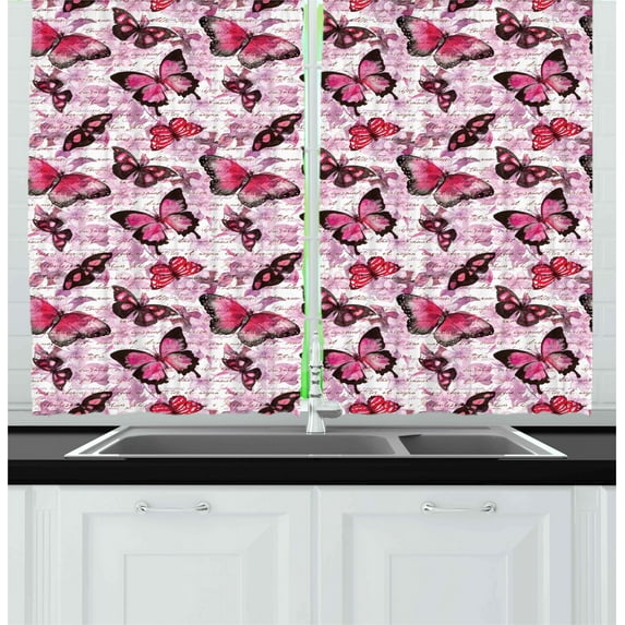 Retro Kitchen Curtains, Butterflies on Nostalgic Background Classic Paintbrush Design Print, Two Panels Drapes with Rod Pocket Room Decor, 55" X 45", Black Lilac Pink, by Ambesonne