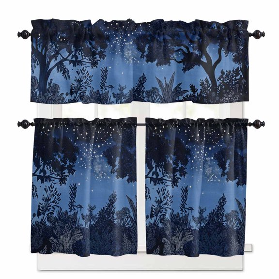 Retro Kitchen Curtains Valance and Tier Set Starry Sky Night Forest Tree Shadows Pastoral Rod Pocket Short Curtains for Small Window 3 Pieces Set for Bedroom Bathroom Cafe (54" x 18"+27" x 24")